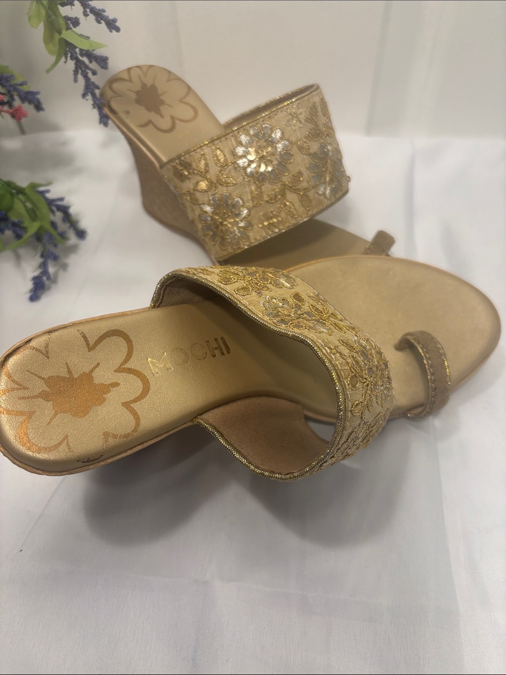 Embroidered Metallic Gold Slide Mules with Toe Loop - Picture 5 of 7